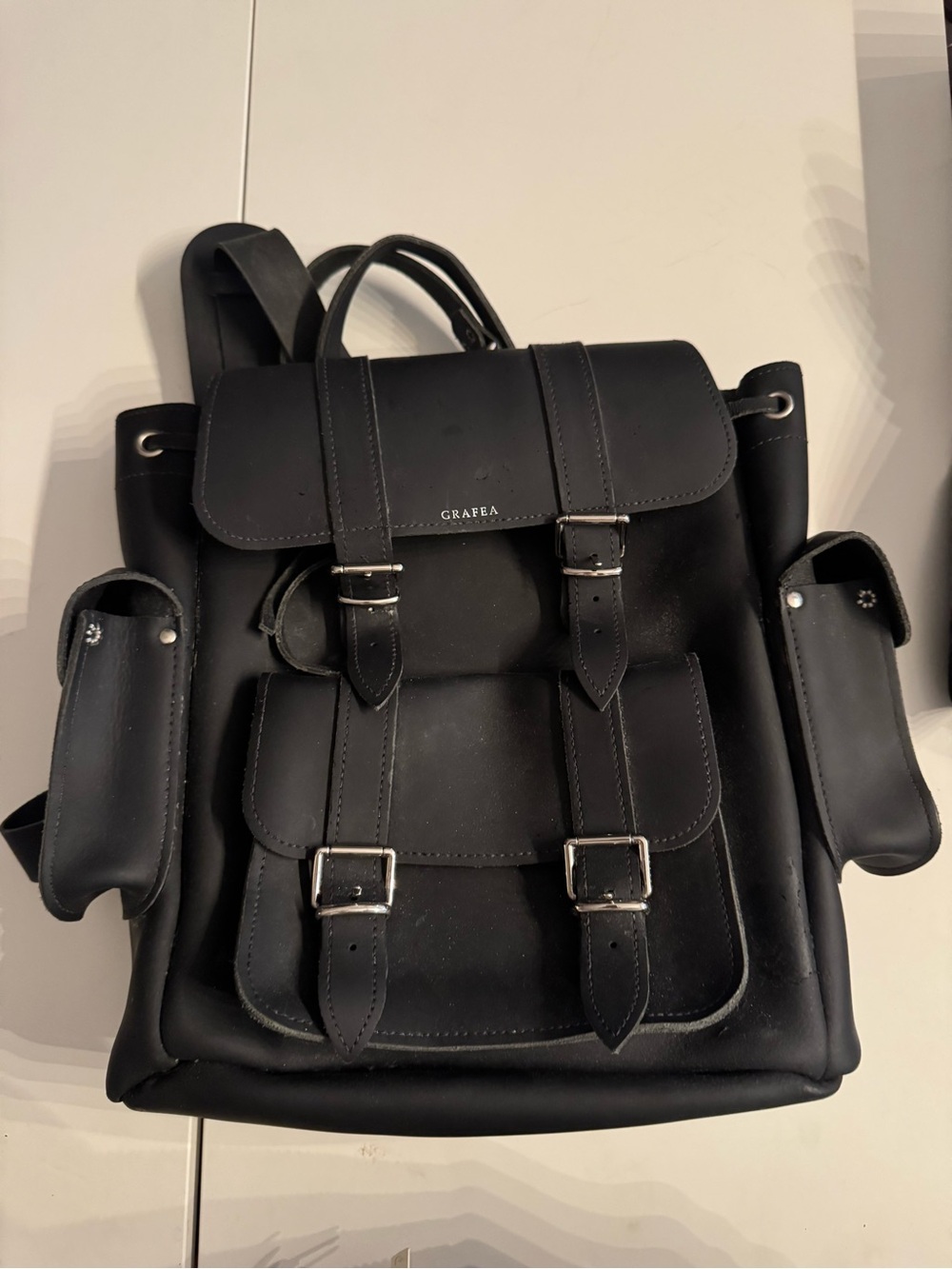 Grafea Black Leather Buckle Backpack unisex